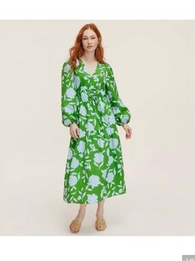 Kate Spade Line Green Floral Midi Dress with Light Blue Blooms